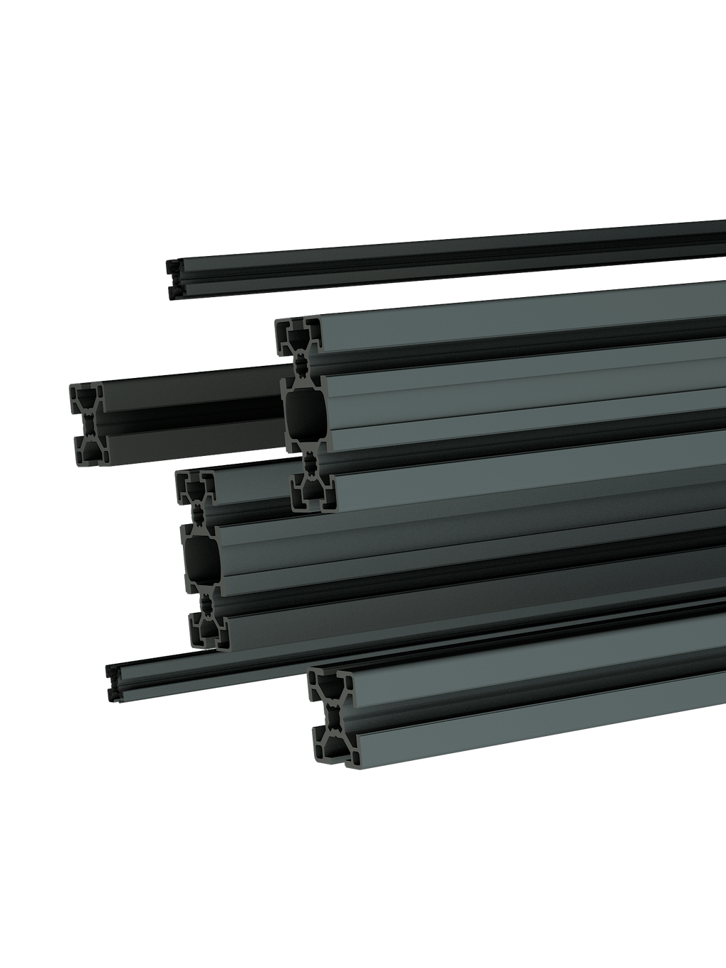 Aluminium-Konstruktionsprofile pulverbeschichtet in Basalt (RAL 7012), erhältlich in mehreren Querschnitten | TailoredRig