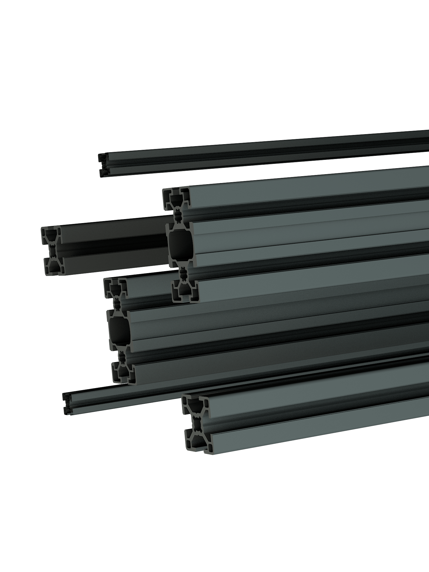 Aluminium-Konstruktionsprofile pulverbeschichtet in Basalt (RAL 7012), erhältlich in mehreren Querschnitten | TailoredRig