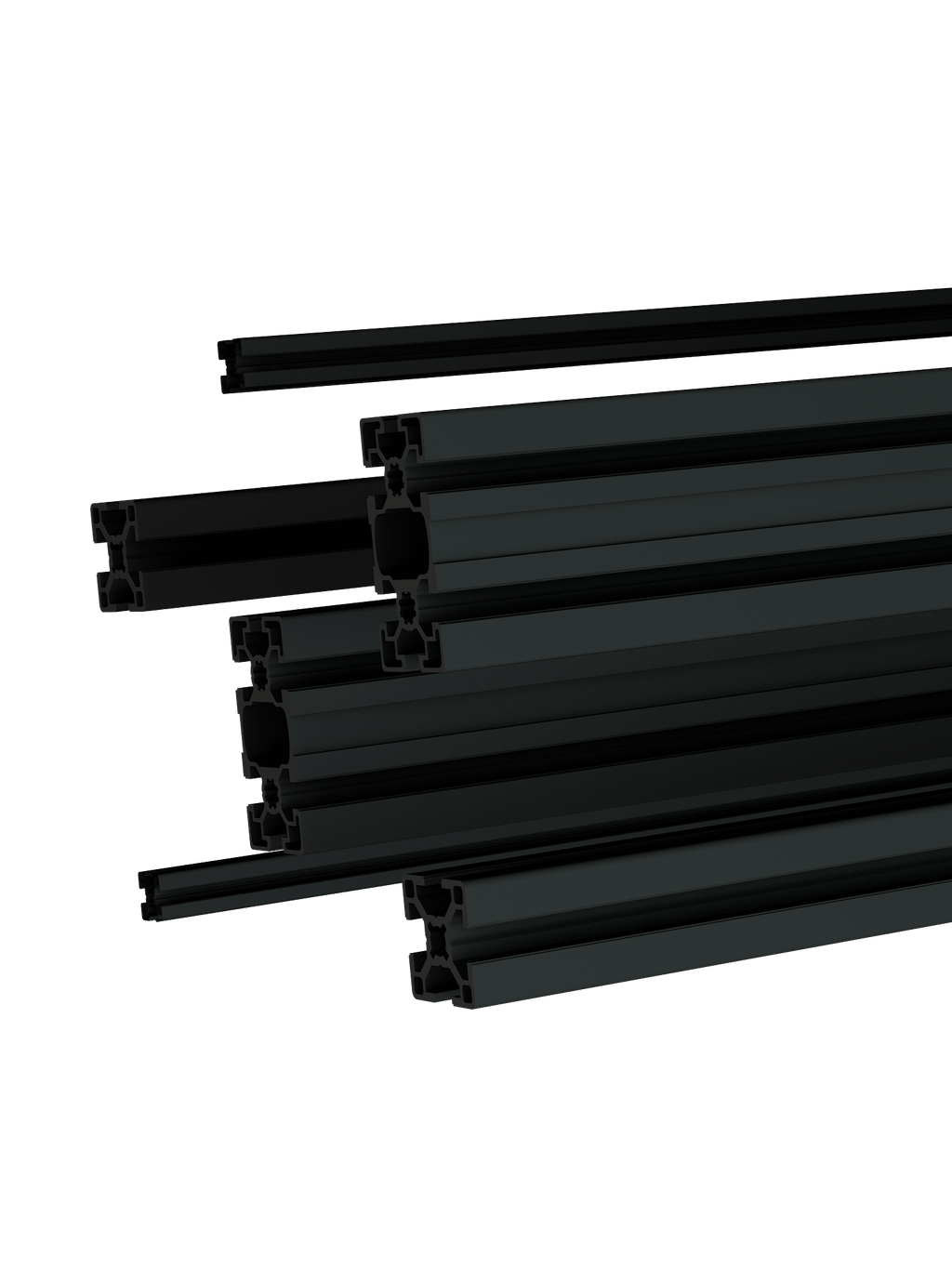 Aluminium-Konstruktionsprofile pulverbeschichtet in Schwarz (RAL 9005), erhältlich in mehreren Querschnitten | TailoredRig