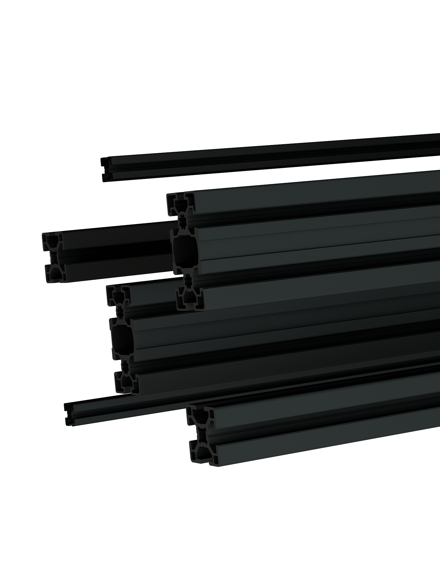 Aluminium-Konstruktionsprofile pulverbeschichtet in Schwarz (RAL 9005), erhältlich in mehreren Querschnitten | TailoredRig