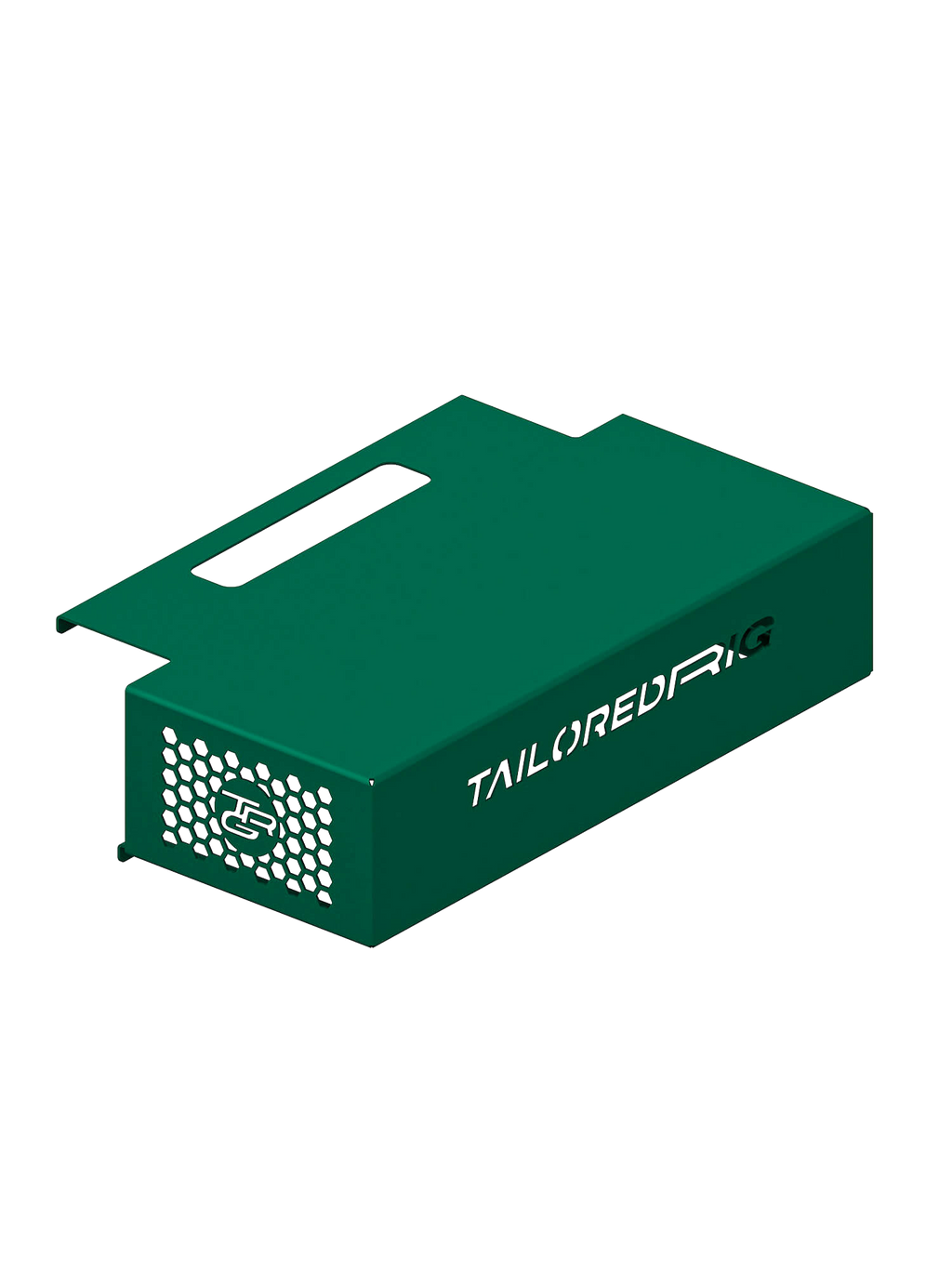 Kabelbox für Sim Rig – Aluminium-Zubehör, leicht gedrehte Ansicht – Farbe Grün | TailoredRig