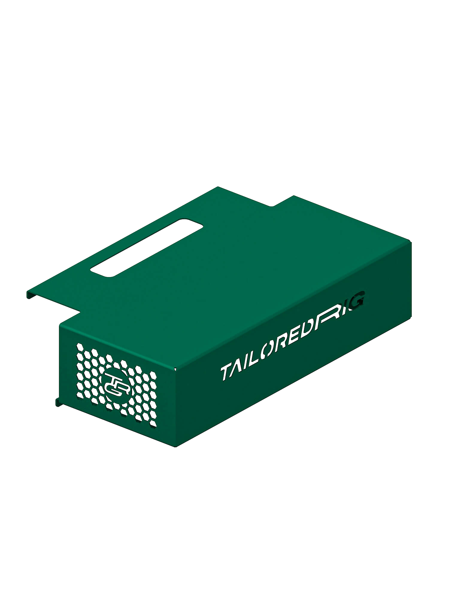 Kabelbox für Sim Rig – Aluminium-Zubehör, leicht gedrehte Ansicht – Farbe Grün | TailoredRig