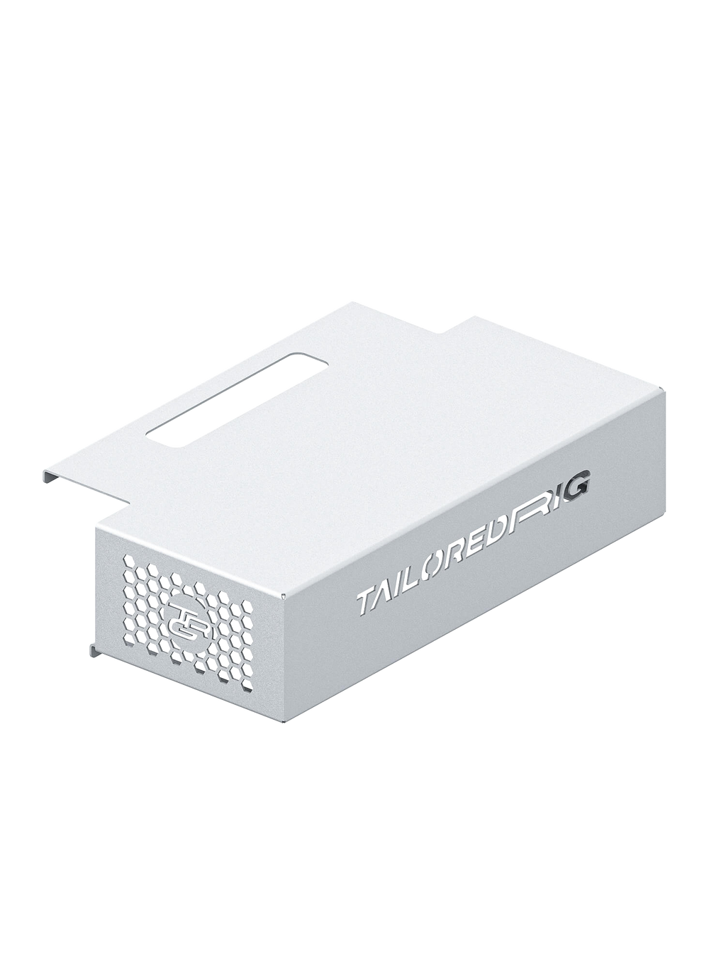 Kabelbox für Sim Rig – Aluminium-Zubehör, leicht gedrehte Ansicht – Farbe Weiß | TailoredRig