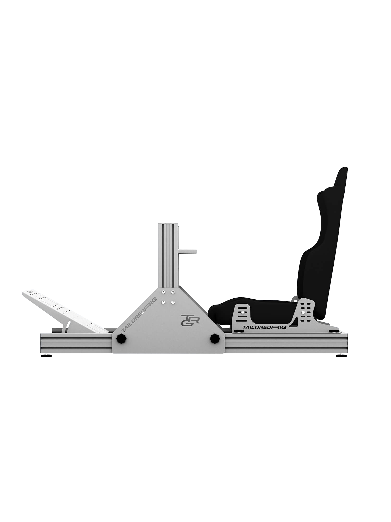 SRR1000 Sim Rig aus Aluminium – Seitenansicht mit Sparco Sitz – Farbe Weiß | TailoredRig