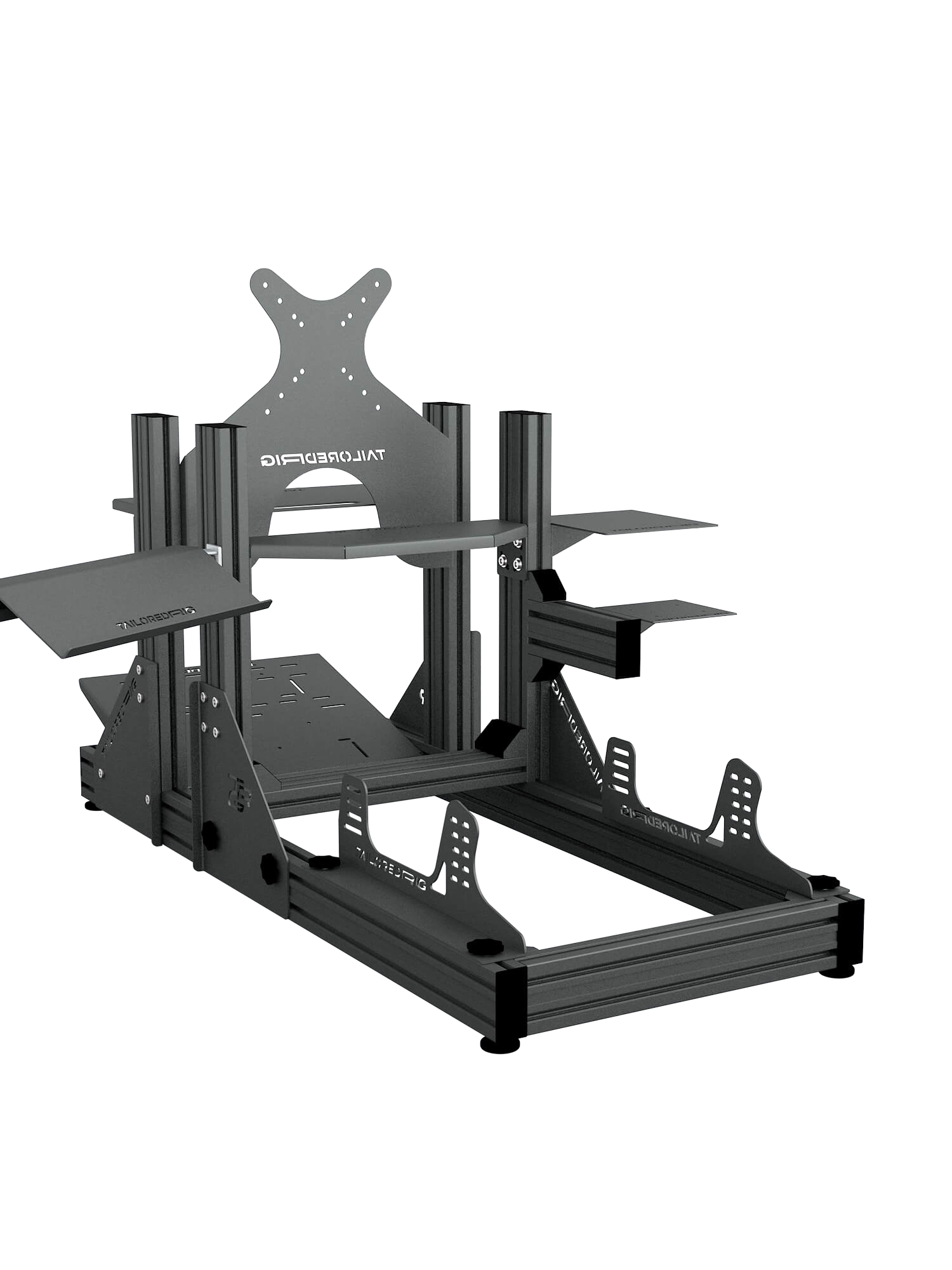 SRR2000 Sim Racing Cockpit – Rückansicht mit Monitorhalterung & Zubehör – Farbe Basalt | TailoredRig