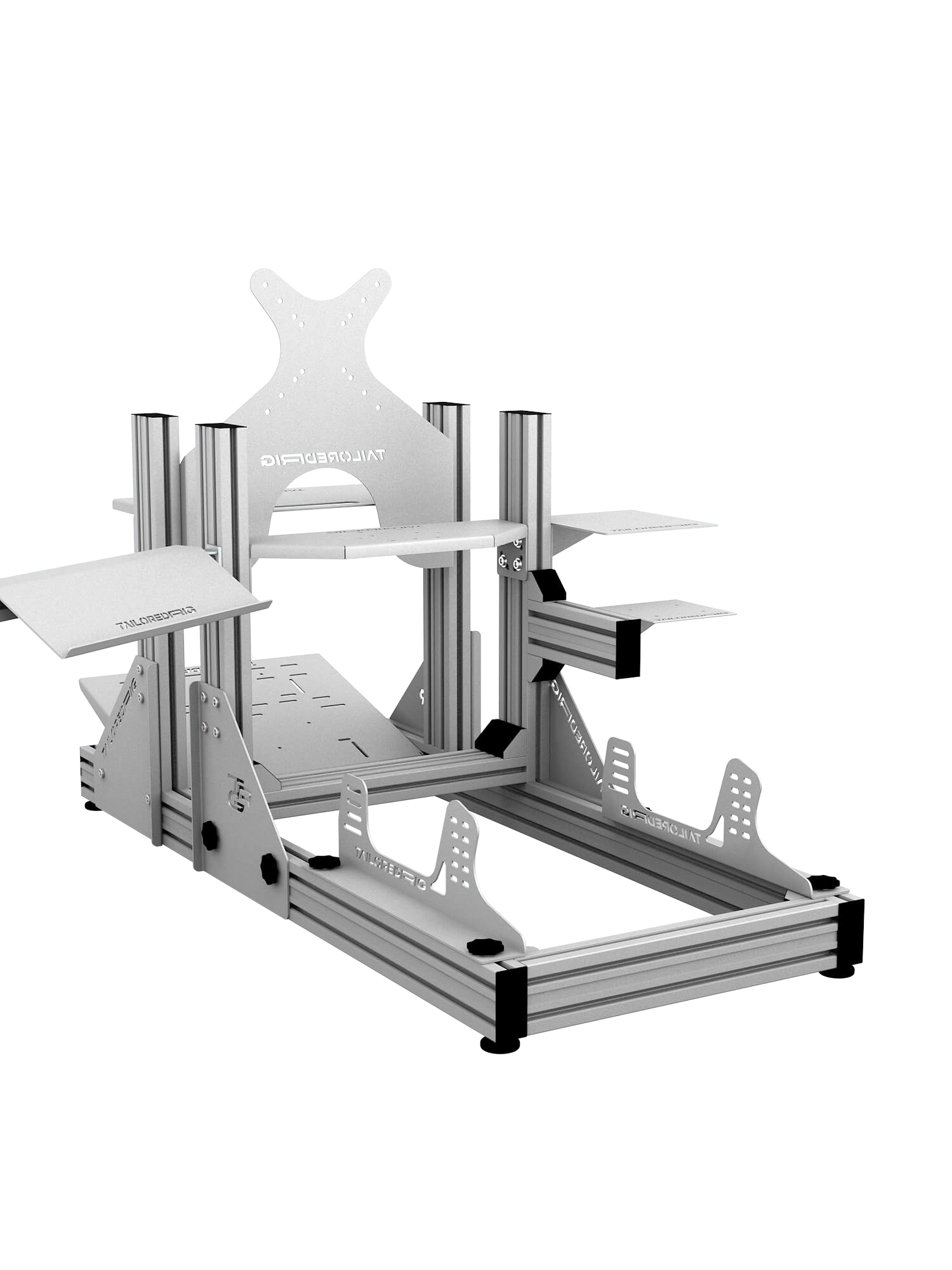 SRR2000 Sim Racing Cockpit – Rückansicht mit Monitorhalterung & Zubehör – Farbe Weiß | TailoredRig
