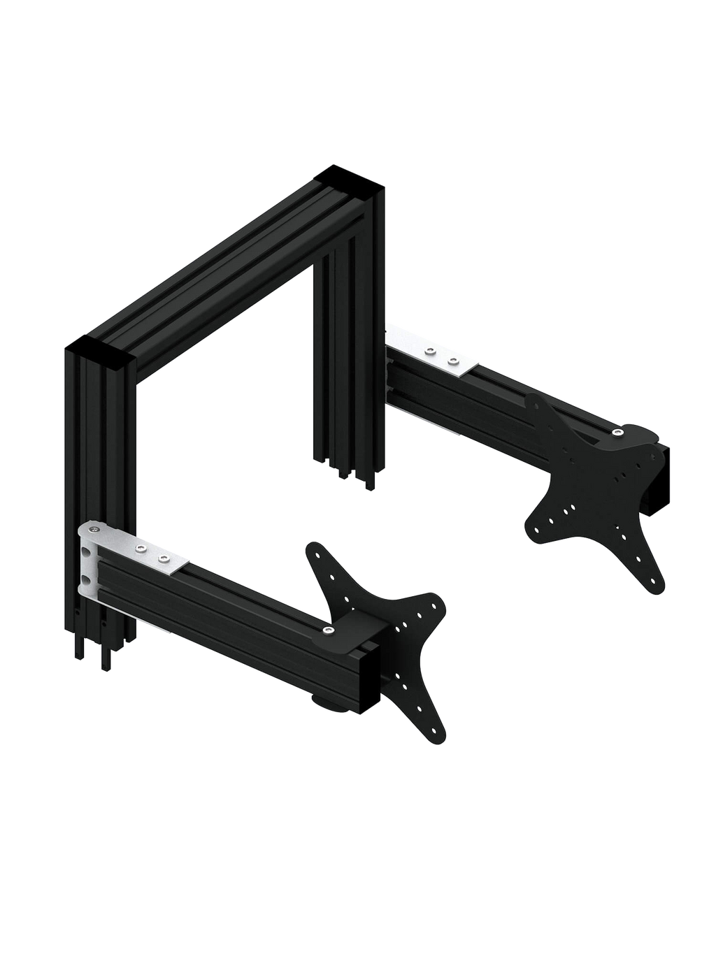 Triple-Screen-Halterung für Sim Rig – Vorderansicht, leicht gedreht – Farbe Schwarz | TailoredRig