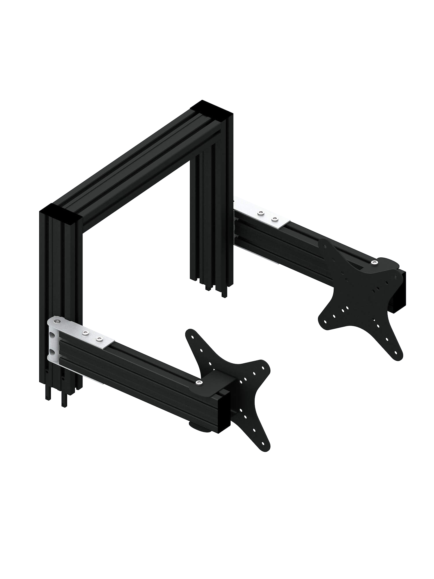 Triple-Screen-Halterung für Sim Rig – Vorderansicht, leicht gedreht – Farbe Schwarz | TailoredRig