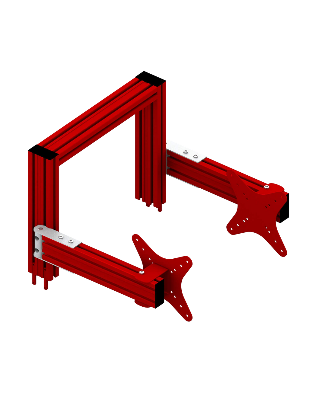 Triple-Screen-Halterung für Sim Rig – leicht gedrehte Ansicht – Farbe Rot | TailoredRig