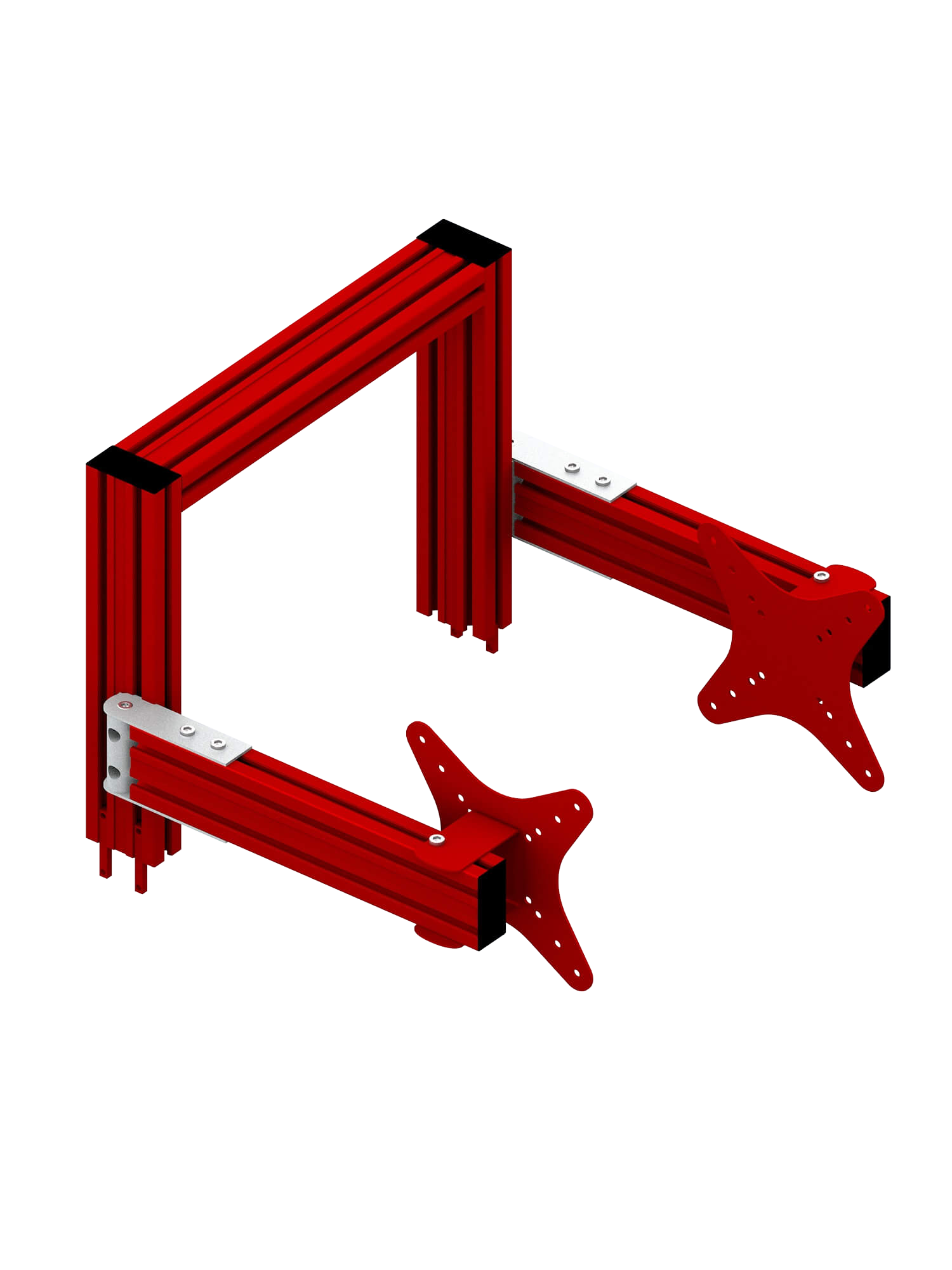Triple-Screen-Halterung für Sim Rig – leicht gedrehte Ansicht – Farbe Rot | TailoredRig