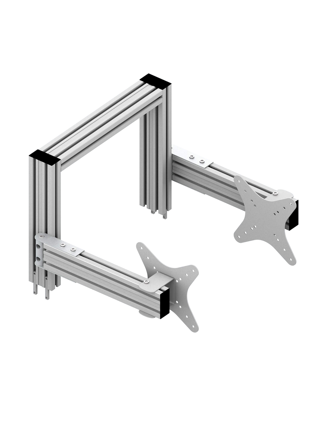 Triple-Screen-Halterung für Sim Rig – Aluminium-Zubehör, leicht gedrehte Ansicht – Farbe Weiß | TailoredRig