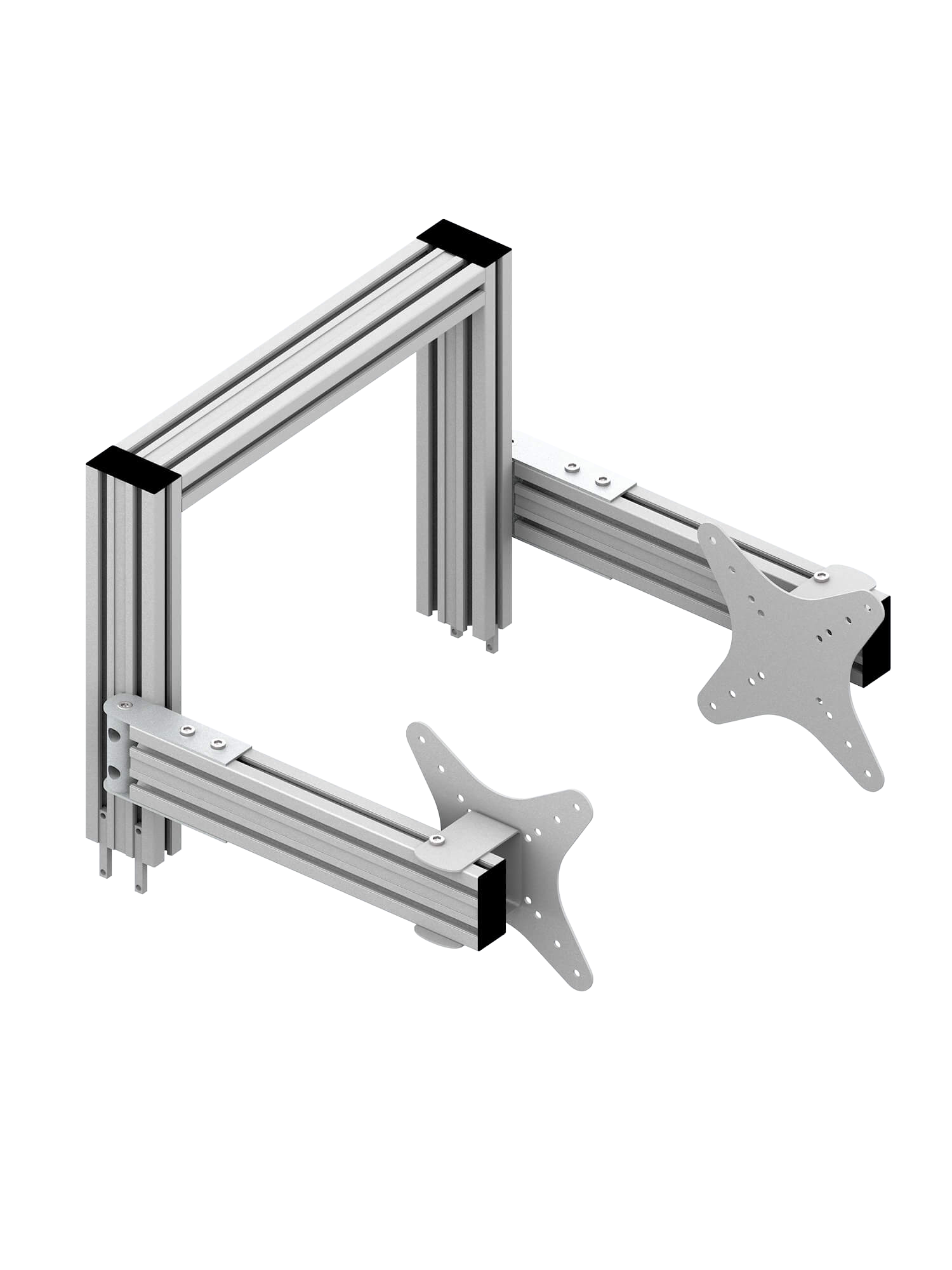 Triple-Screen-Halterung für Sim Rig – Aluminium-Zubehör, leicht gedrehte Ansicht – Farbe Weiß | TailoredRig